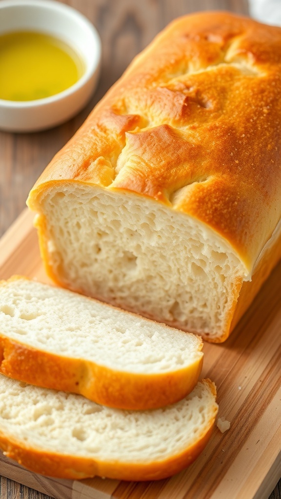 Gluten-Free Sandwich Bread Recipe Sliced gluten-free sandwich bread on a wooden cutting board, showcasing its fluffy texture.